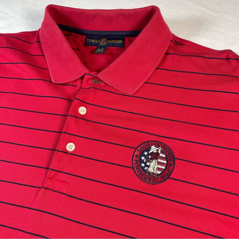 Tommy Hilfiger golf Red Polo with Navy Stripes & us open pinehurst 2005 crest